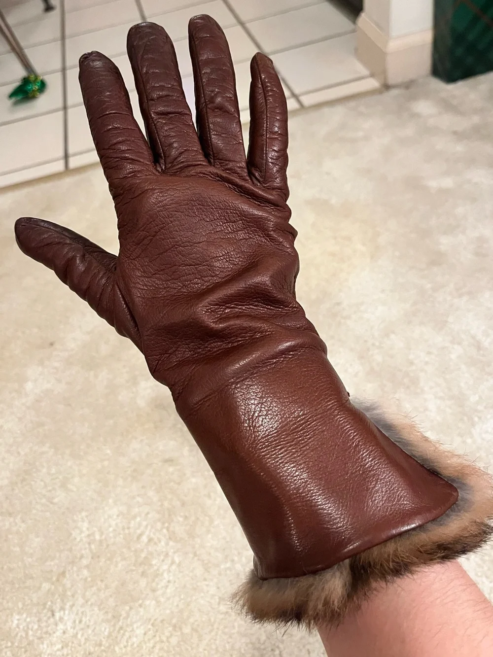 Vintage Brown Leather Gloves with Fur Trim - Women